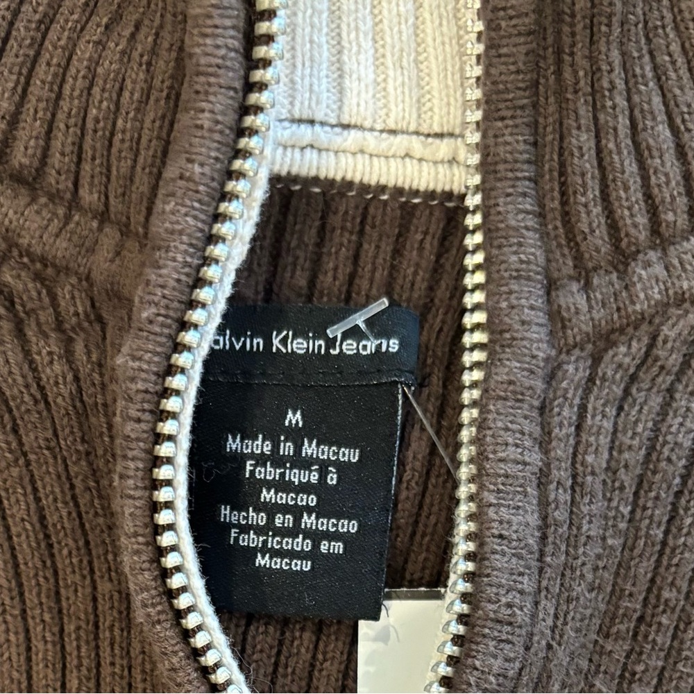 VINTAGE 90’s Brown Ribbed Half-Zip Sweater Made in Macau Chunky Stretch Knit M - Picture 2 of 6